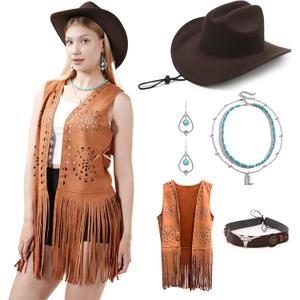 Western Outfits for Women7pcs Fringe Vest Cowboy Hat Cowgirl Costume Tassels Halloween 70s Costume Set. (Small, Brown Geometric)