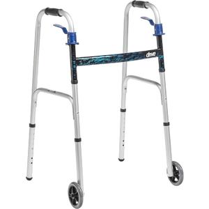 Drive Medical Trigger Release Folding Walker - Lightweight Brushed Steel Design - Easy Trigger Folding Mechanism - 5 Inch Wheels - Contoured Hand Grips - Senior Mobility Aid