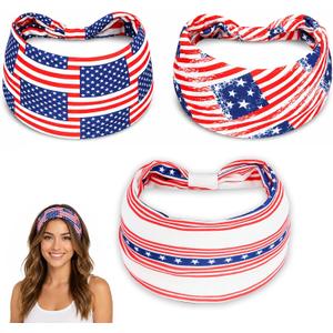 3Pcs 4th of July Headbands for Men Women American Flag Hairband USA Red White Blue Non-Slip Stretchy Sports Headbands for Running Cycling Yoga Fitness Workout