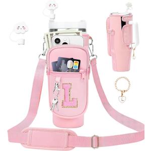 Initial A-Z Carrier Bag for Stanley Cup 40 oz, Stanley Cup Holder with Strap for Stanley 40 oz Tumbler with Handle, Stanley Cup Accessories with Stanley Cup Straw Cover - Spill Stopper - Letter Charm (Princess Pink)