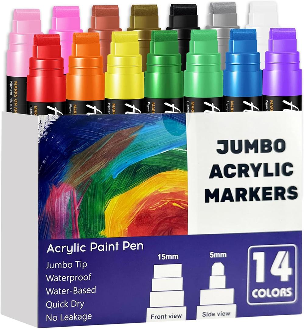 14 Colors Jumbo Markers, Jumbo Acrylic Paint Markers 15mm Wide Felt Tip Permanent Ink Pens for Poster, Rock Painting,Fabric,Glass, Wood, Stone, Ceramic & DIY Crafts, Vibrant Art Pens for Most Surfaces