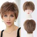 Short Pixie Cut Wigs Human Hair with Bangs in Light Brown for Women Breathable Real Hair Wig Glueless and Poofy for Everyday Life (6inch,Brown)