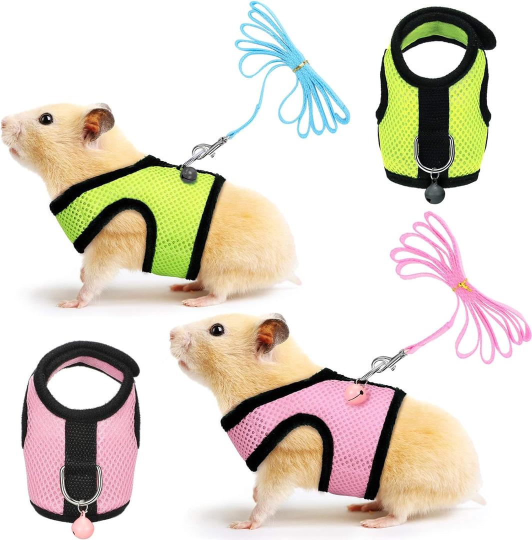 SATINIOR 2 Pieces Guinea Pig Clothes Baby Ferret Rats Hamster Soft Mesh Harness Leash Vest Set with Bell for Guinea Pigs, Hamster, Ferret, Rabbit, Chinchilla and Similar Small Animals(Green, Pink,S)