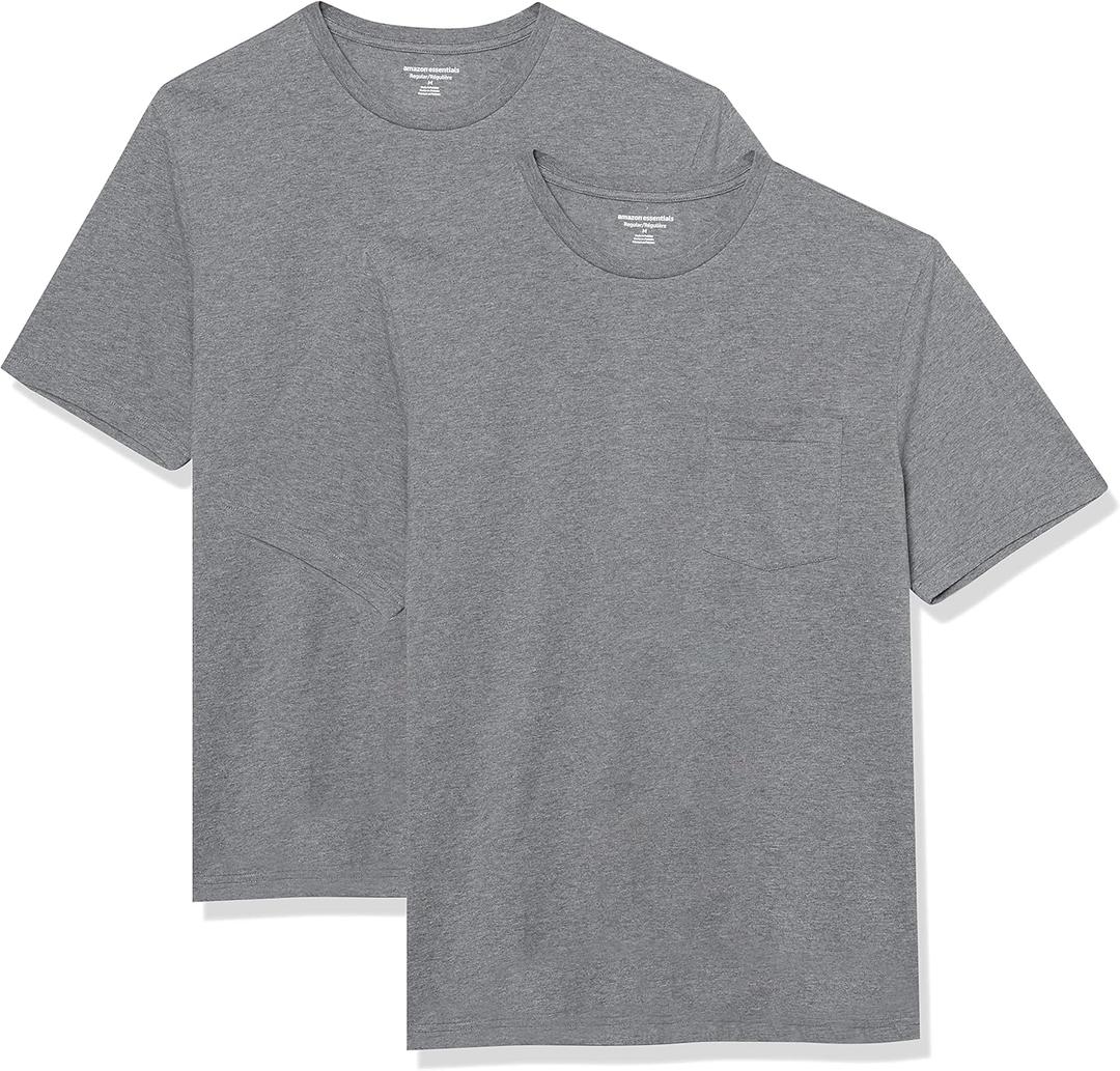 Amazon Essentials Men's T-Shirts, Short-Sleeve Crewneck Pocket, Cotton, 2-Pack (Gray, XS)