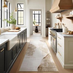 Phantoscope Washable Runner Rug 2'x6' Non-Slip, Modern Neutral Boho Hallway Rugs for Entryway, Stair, Bedroom, Distressed Geometric Dune Pattern, Low-Pile Foldable Floor Carpet, Linen Beige/Taupe