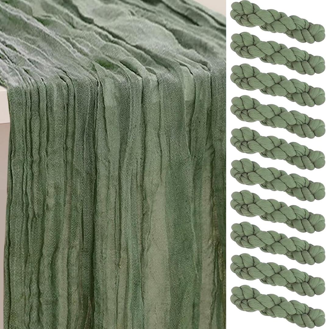 10 Pack Sage Green Cheesecloth Table Runner 35x120 Inch 10Ft Rustic Gauze Cheese Cloth Table Runner Sheer Cheesecloth Table Runners for Wedding Party Bridal Shower Decoration