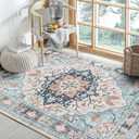 Washable Blue 8'x10' Area Rug - Non Slip, Soft, Low Pile Teal Vintage Boho Floral Indoor Carpet for Living Room, Bedroom, Dining Room, Entryway, Office , Blue