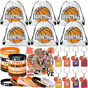 SNLN 12 Sets Basketball Party Favors Basketball Goodie Bags for Boys Includes Drawstring Bag Silicone Bracelet Keychain Tattoo Sticker for Sports Goodie Bags Basketball Birthday Party Supplies Decor