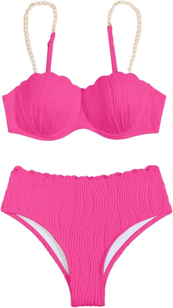 MakeMeChic Women's 2 Piece Bikini Set Textured Pearl Beaded Strap Scallop Trim High Waist Swimsuit (Large, Hot Pink)