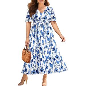 Women Plus Size Summer Wedding Guest Dress - Easter Spring Floral Maxi Long Dress (Blue Floral White) 18w