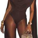 THLAI Sexy Jumpsuits for Women Cape Long Sleeve Bodysuit Top One Piece Club Night Out Outfits Bodycon Romper (Small, Brown)