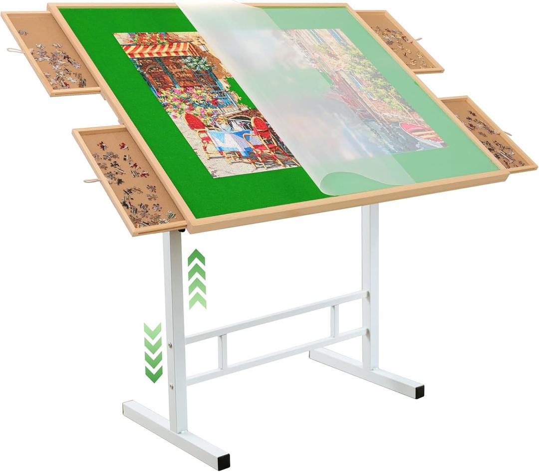 Wooden Puzzle Table with Drawers & Legs Adjustable Tilting Puzzle Board Table for Adults 1000/1500 Pieces Portable Jigsaw Puzzle Table with Cover Folding Puzzle Storage System for Neck Pain Relief