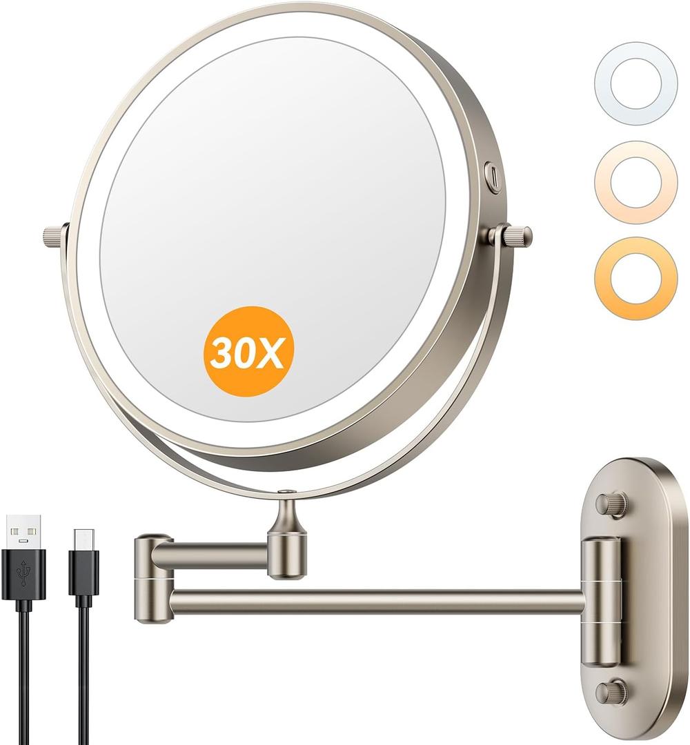 Auxmir 1X/30X Wall Mounted Lighted Makeup Mirror, 8" 3200 mAh Rechargeable Double-Sided Magnifying Mirror, Touch Dimmable 3 Color Lights, 360 Rotating Foldable 14.5" Extension Arm, Brushed Nickel