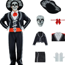 Day Of The Dead Costume for Men Mariachi Suit Adults Dia De Los Muertos Costumes Mask with Hat for Halloween Cosplay, XL