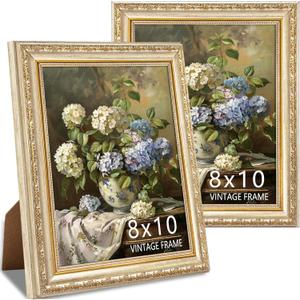 Ornate 8x10 Picture Frame Set of 2, Vintage Champagne Silver with Gold Accents 8 x 10 Photo Frame, Elegant Frame for Wedding Pictures, Wall or Tabletop Display, Champagne Light Gold, 2 Pack