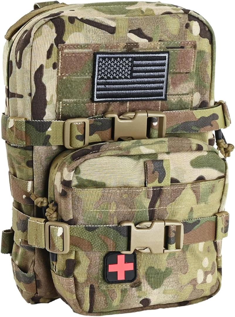 Tactical Mini Molle Hydration Pack,Molle Hydration Carrier with IFAK Pouch&US Flag&Med Patch,Hydropack for 2L Water Bladder (Cp)