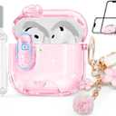 Clear Case for AirPods 4 Case Cover with Safety Lock,Soft TPU Cover with Phone Stand & Cleaning Kit,Cute Bling Keychain for Women Girls-Glitter Pink