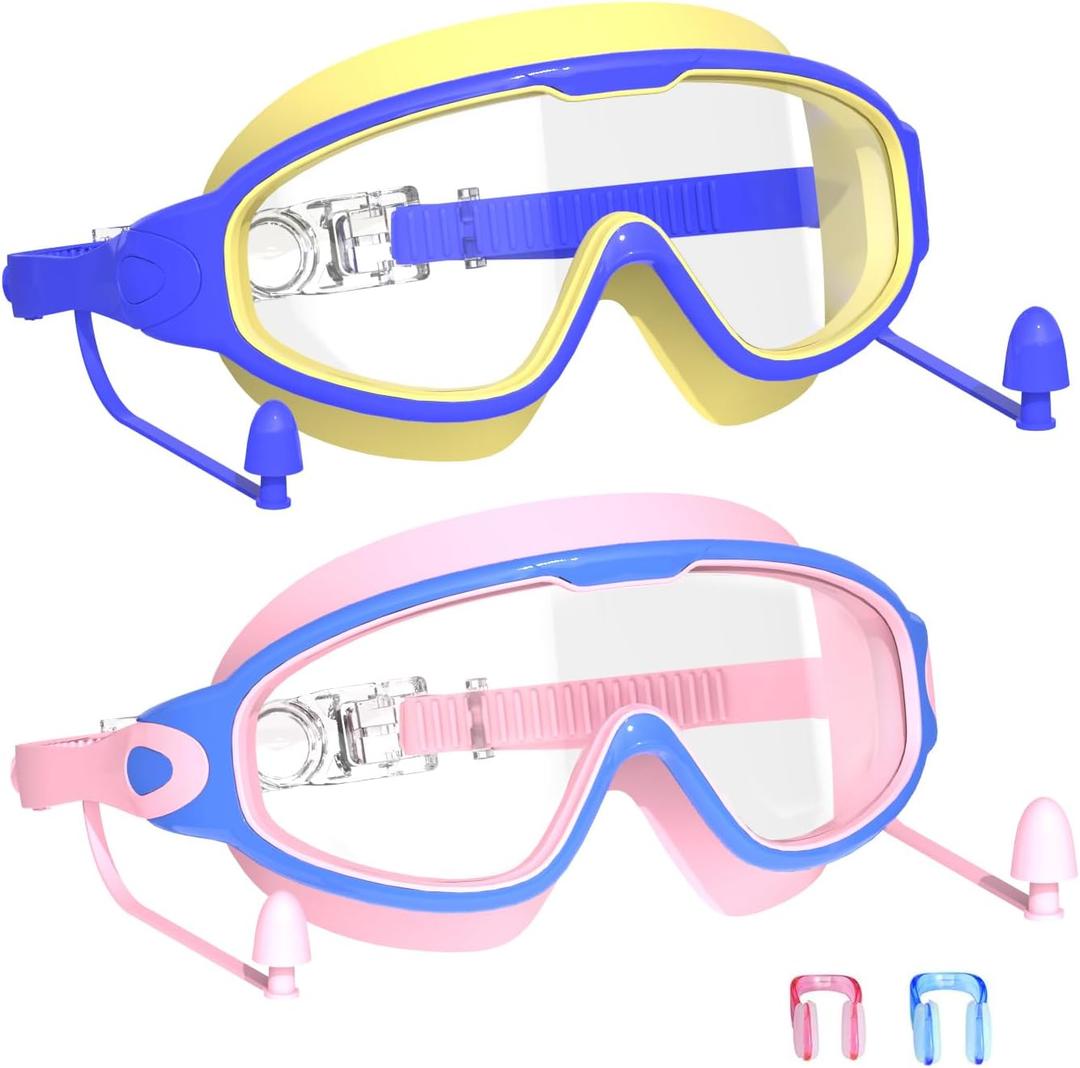 Swim Goggles for Kids 3-15 with Earplugs Large Frame Anti-Fog/UV Swimming Goggles for Boys Girls Toddler 2PCS (Pink Blue &Blue Yellow)