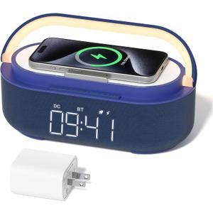 COLSUR Bluetooth Speaker Alarm Clock with Wireless Charger, FM Radio, Adjustable LED Night Light, 6 in 1 Bedroom Portable Speaker 2500mAh, Phone Stand for Bedside, Home, Office, Gift (Blue)