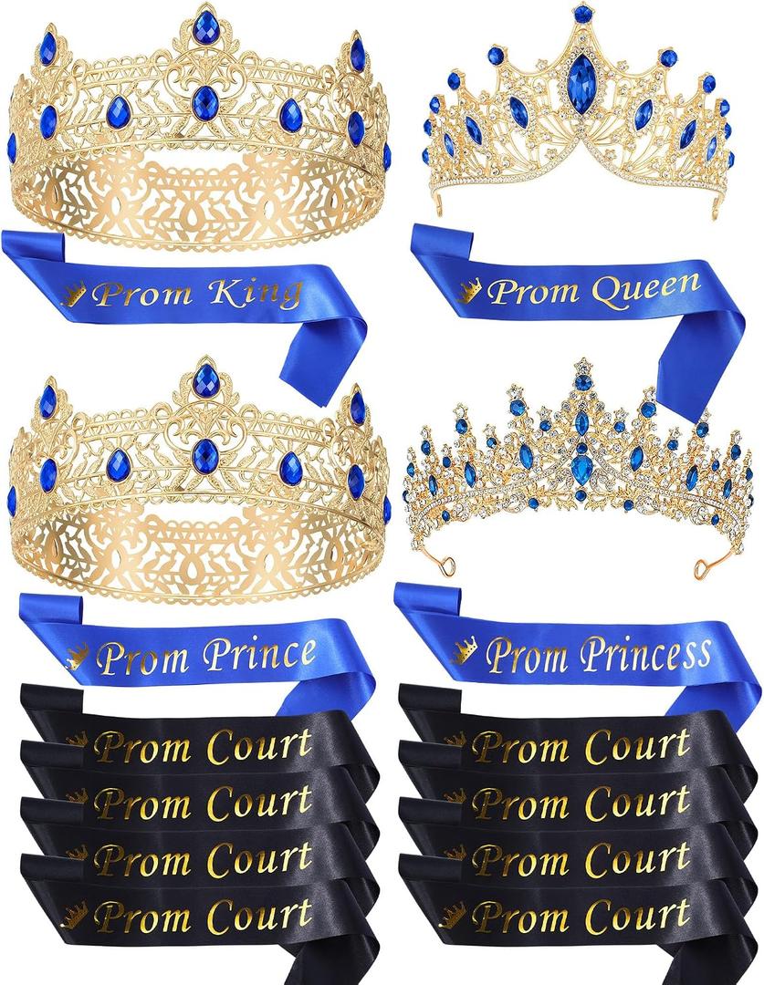 Ferreve 16 Pcs Prom King Queen Crown Sash Set Crystal Rhinestones Tiaras Sash for Prince Princess Court Birthday Wedding Graduation Party Favor Costume Accessories Dress Up(Blue)