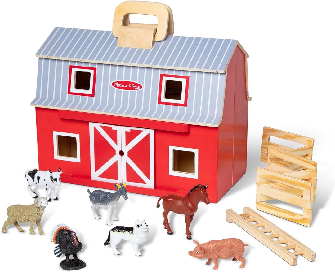 Melissa & Doug Fold and Go Wooden Barn with 7 Animal Play Figures - Farm Animals Barn Toy, Portable Toys, Farm Toys for Kids and Toddlers Ages 3+