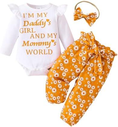 Mikccer Baby Girl Clothes,Newborn Girl Outfit Long Sleeve Ruffle Romper Floral Long Pants Headband,Fall Winter Clothing, 0-3M