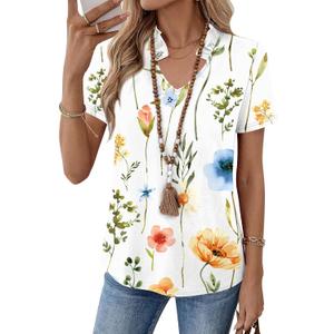 Kistore Womens Summer Tops Short Sleeve V Neck Casual Shirts Beach Vacation Dressy Work Blouses (L)