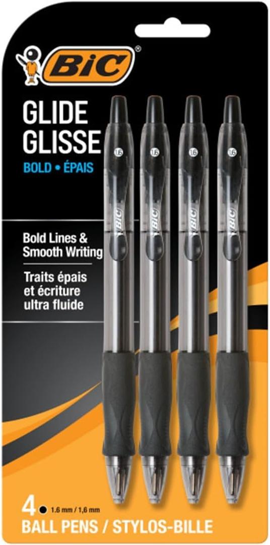 BIC Glide Bold Black Ballpoint Pens, Bold Point (1.6mm), 4-Count Pack, Retractable Ballpoint Pens With Comfortable Full Grip