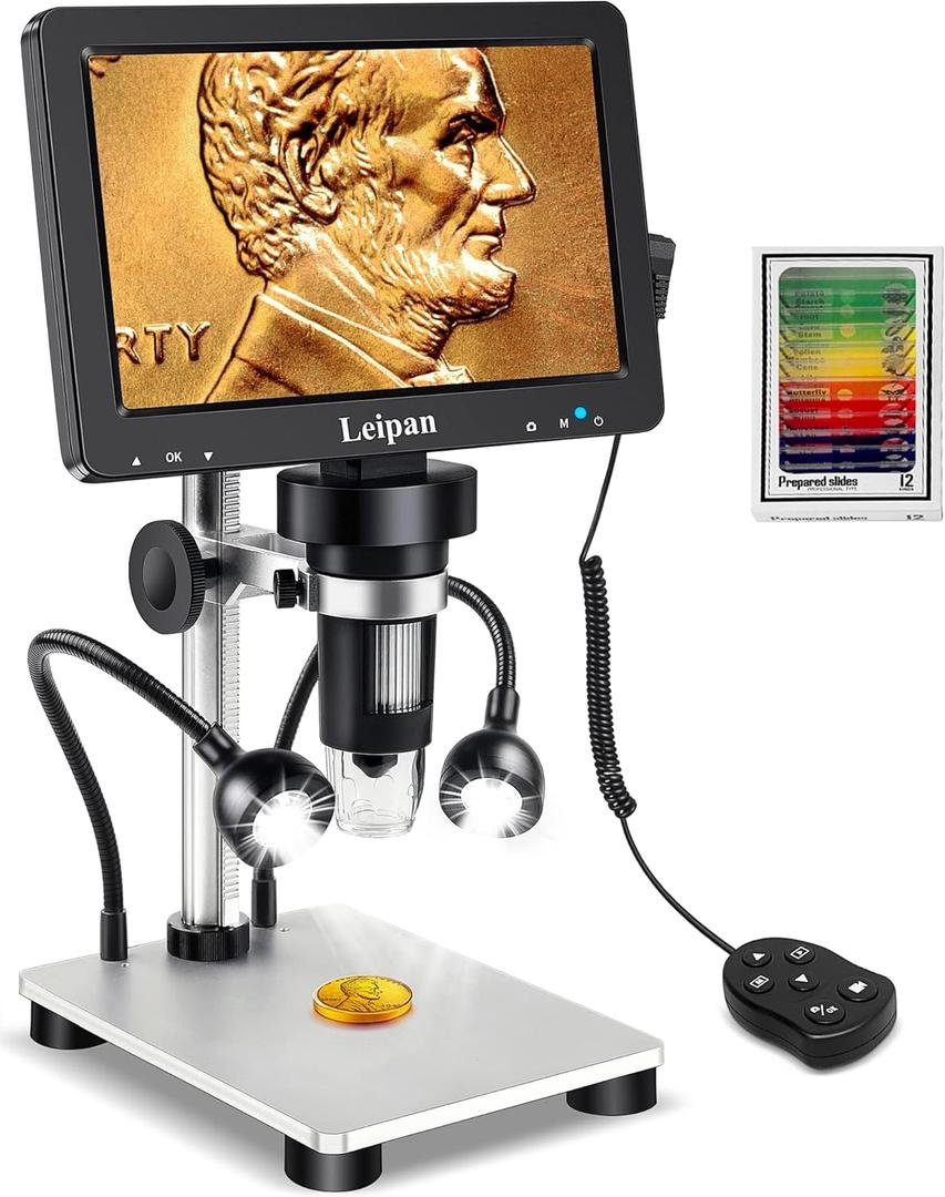 7" LCD Digital Microscope 1200X,Leipan 12MP Coin Microscope with Screen for Adults,1080P Coin Magnifier with 12pcs Slides,Wired Remote,2 Side Lights,Windows/Mac OS Compatible