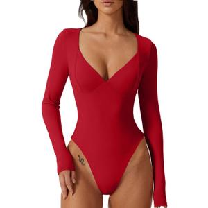 QINSEN Women's Long Sleeve Bodysuit V Neck Body Suits Seamed Cup Going Out Tops Shirt (Red) S