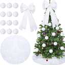 HyDren 14 Pcs White Ornaments for Christmas Tree Set 48 Inch Faux Fur Tree Skirt 20.5 Inch White Fluffy Plush Trees Topper Bow 12 Snow Pom Poms Balls Ornaments for Holiday Xmas Indoor Outdoor Party
