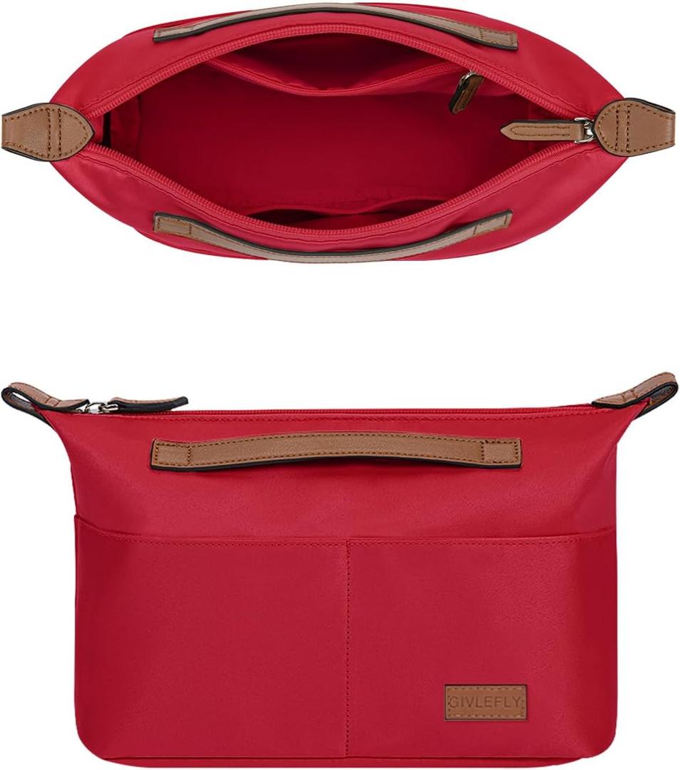 GIVLEFLY Purse Organizer with Zipper Tote Bag Organizer Inserts,Multiple Pockets Cup & Umbrella Position Lightweight Medium Handbag Dividers with Handle, Fit for Longchamp Neverful(Red,Large)