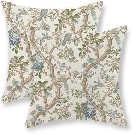 Chinoiserie Pillow Covers 18x18 Set of 2 Blue Green Bird Floral Throw Pillows Vintage Blue Flowers Decorations Outdoor Pillowcase Chinoiserie Decor Farmhouse Linen Cushion Case for Couch Home