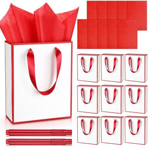 Yeaqee 10 Pack Metallic Paper Gift Bags with Handle Tissue Paper Thank You 5 Senses Gift Bag for Birthday Wedding Baby Shower Groomsmen Bridal Graduation Party Favor 9 x 7 x 3.15''(White,Red)