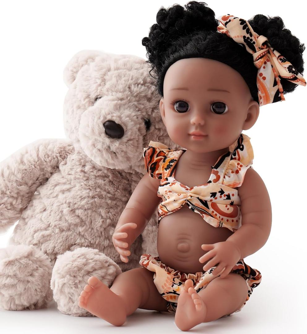 ROBOTIME Reborn Baby Doll Black Girl - 15-Inch Lifelike Newborn Baby with Curly Hair, Weighted Soft Body, and Floral Outfit, Realistic Baby Doll Gift for Kids Age 3+