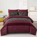 Luxudecor Burgundy Comforter Set King Size 7 Pieces Red and Black Stripe Bed in a Bag Geometric Comforter and Sheet Set, Soft Microfiber Complete Bedding Sets for All Seasons