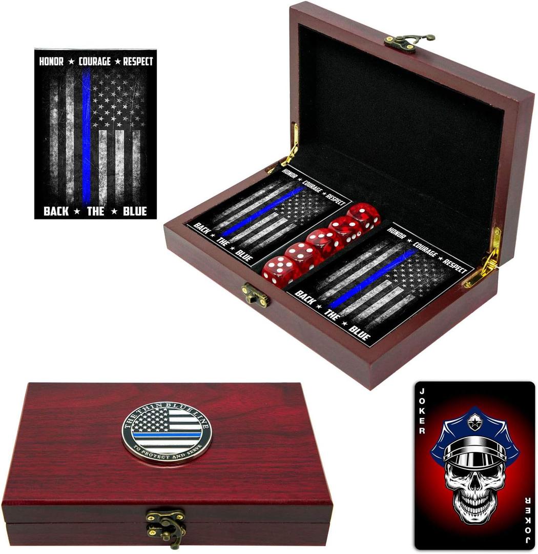 Military Gift Shop Police Officer Playing Cards & Dice in Wooden Keepsake Box - Thin Blue Line Flag - Police Officer Gifts | Police Card Set