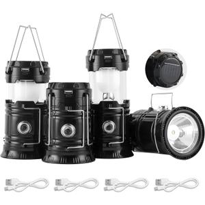 Lichamp Collapsible Portable Solar Camping Lantern, USB Rechargeable LED Flashlight - Survival Kits for Power Outages Hurricane Supplies Emergency, Indoor & Outdoor, 4-Pack, Black