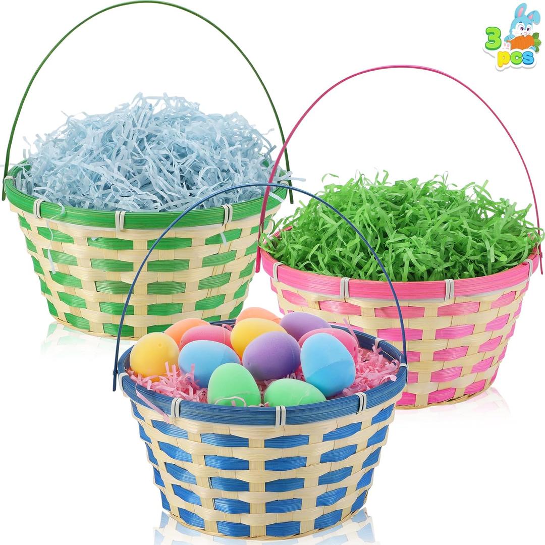 JOYIN 3PCS Easter Bamboo Baskets Empty Toys Gift Woven Goodie Baskets with Handle for Easter Egg Hunt, Kids Party Decor Supplies, Filling with Candy Party Favors,12.8" x 10.6" (Green, Blue, Pink)
