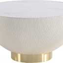 Manhattan Comfort Anderson Modern 28.15" Round Coffee Table 2.0 - Ceramic Marble Tabletop, Elegant Pleated Leatherette Details & Gold Base, Fully Assembled Accent Furniture, Set of 1, Cream