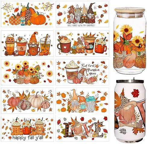 10 Sheet UV DTF Cup Wrap, Fall Theme Harvest Pumpkin Maple Leaf Rub on Transfers for Glass Crafting Glass Cups Wrap Transfer Stickers Decals Waterproof Rub on Transfers for Crafting, Set of 8