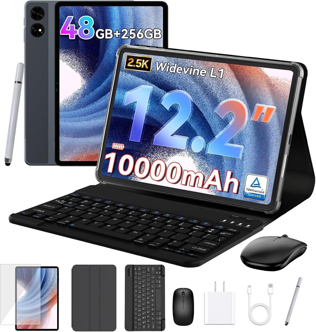 2026 Upgraded 12.2 inch Tablet, Android 16 Tablet with Keyboard, 2.5K QHD Display for High-Res Gaming/Art/Productivity, Up to 48GB+256GB+2TB TF,Octa-Core/10000mAh/Widevine L1/GMS/GPS