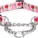 Martingale Dog Collar with Stainless Steel Chain - Limited Chain Cinch Training Collar for No Pull Training Dog - Flower Multicolor Cute Patterns - Premium No Slip Collar (M, Roses)
