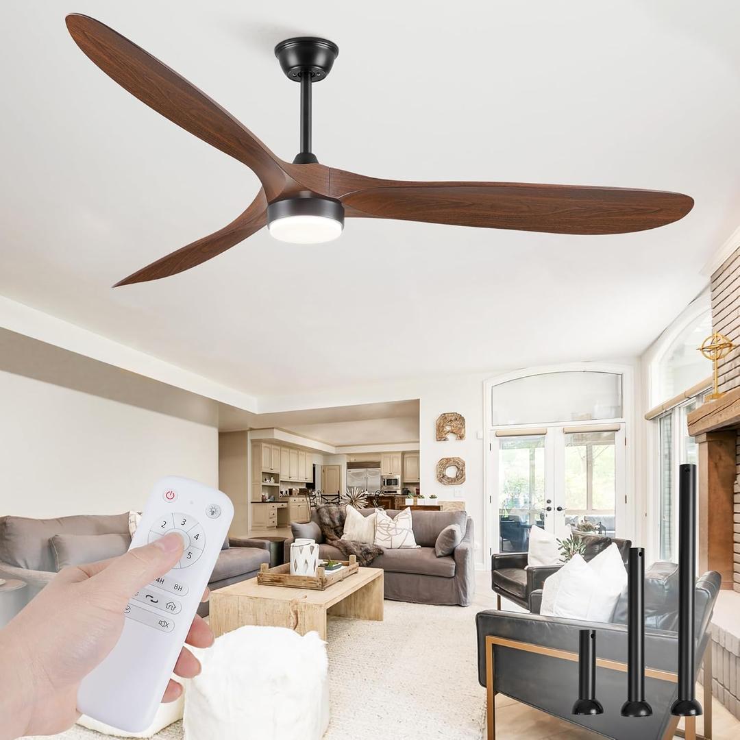 70 inch Propeller Ceiling Fan With Light, Led Large Ceiling Fan with 6 Speeds, 3 ABS Wood Grain Blades Outdoor Ceiling Fans for Patios, Porch, Bedroom, 1/4/8H Timing- Deep Walnut