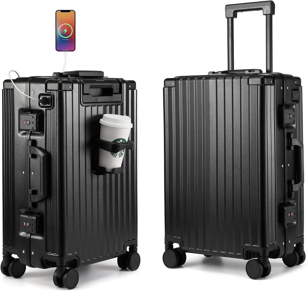 Hard Shell Carry On Luggage 22x14x9 Airline Approved,20 Inch Aluminum Luggage with 100% 3-Layer PC,Carry On Suitcases with Wheels,Cup Holder and USB Port (Classic Black, 20 inch)