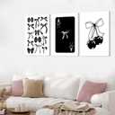Kyiyhzp 3Pcs Fashion Black White Bow Canvas Wall Art Funky Aesthetic Cherry Poker Picture Painting Trendy Preppy Aesthetic Wall Decor Artwork for Girl Room Dorm Apartment Bedroom Decorations 16x24in