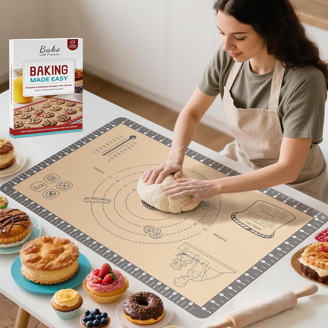 Silicone Baking Mat with 10 Quick Recipes, Extra Thick Silicone Mats for Baking, Non Stick Pastry Mat,Reusable kneading Dough Rolling Mat for Cookie, Macaron, Bread, Pizza-Tutorial Video Included (Gray)