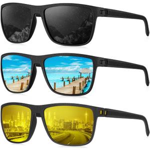 KALIYADI Polarized Sunglasses for Men, Lightweight Sun Glasses with UV Protection for Driving Fishing Golf ((3 Pack) Night Vision/Black/Ice Blue)