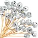 Hushee 100 Pcs Disco Ball Cocktail Picks Stirrers 4.7 Inch Mirror Ball Fancy Toothpicks Bamboo Appetizer Skewers Wooden Cocktail Sticks for Wedding Birthday Theme Party Supplies Food Garnish(Silver)