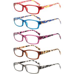Kerecsen Reading Glasses 5 Pairs Fashion Ladies Readers Spring Hinge with Pattern Print Eyeglasses for Women (5 Pack Blue, 0.75) (Mix Color -3)